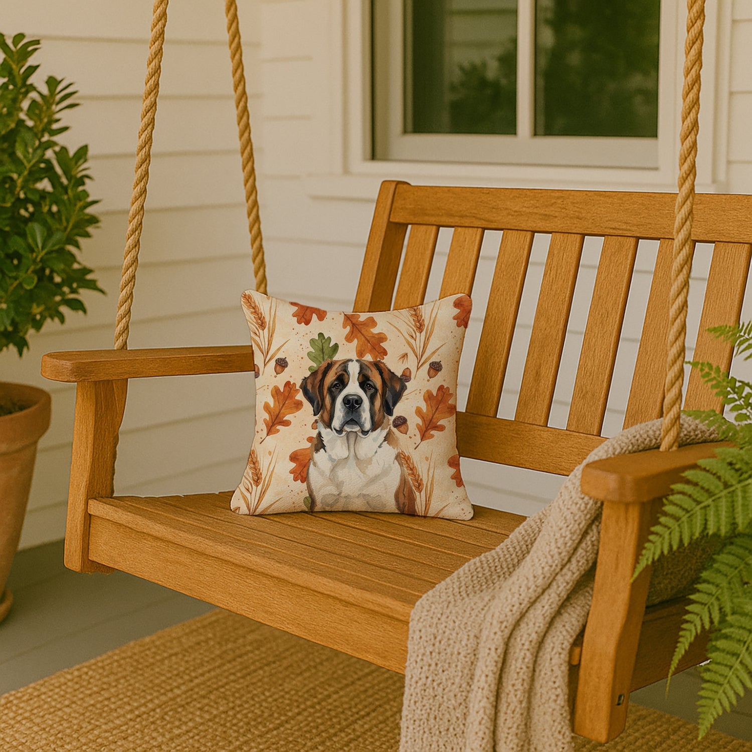 Brindle and White Saint Bernard Heirloom Fall Decorative Throw Pillow 14x14 Indoor Outdoor Accent Cushion, Fabric Cover with Insert for Sofa, Bed, Porch & Living Room