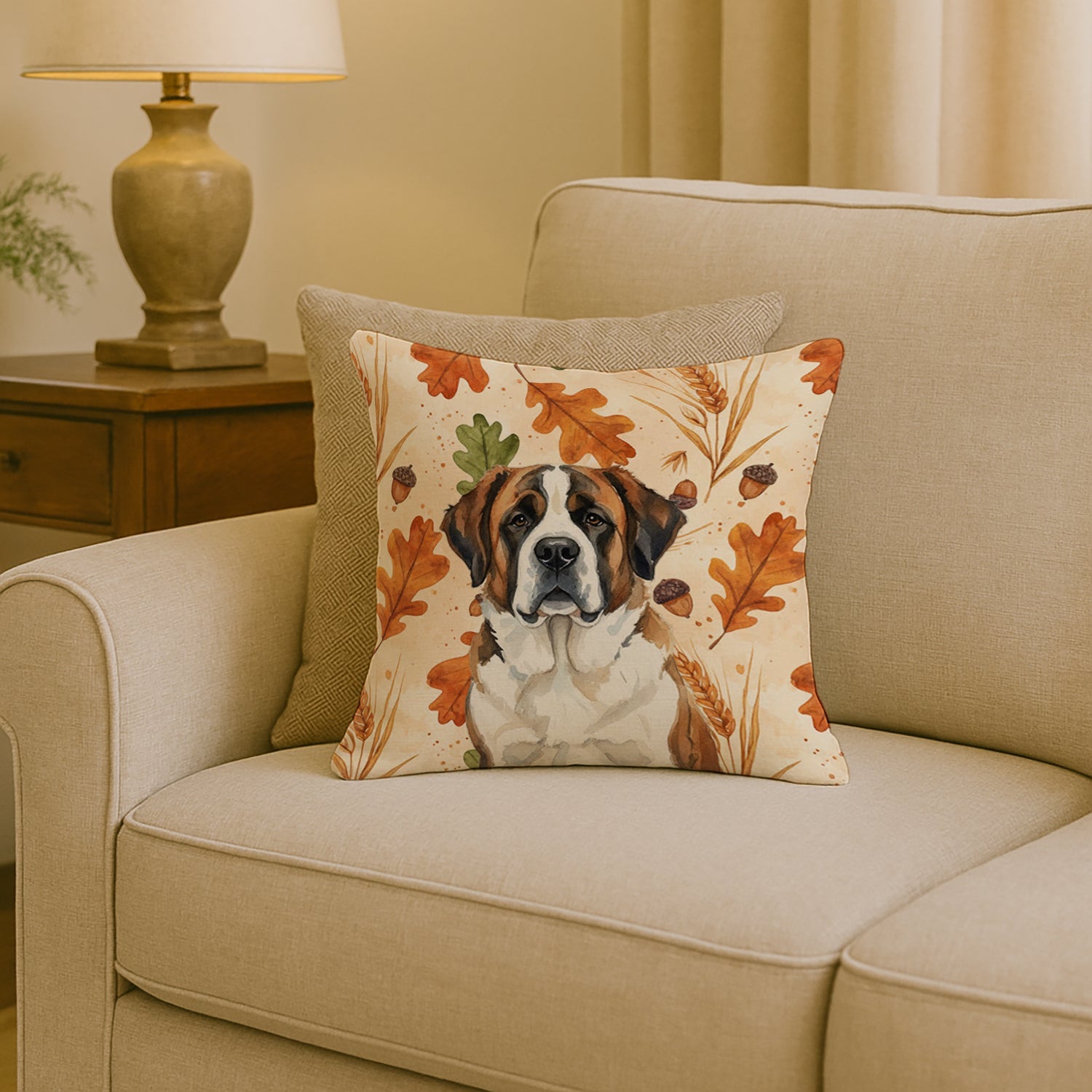 Brindle and White Saint Bernard Heirloom Fall Decorative Throw Pillow 18x18 Indoor Outdoor Accent Cushion, Fabric Cover with Insert for Sofa, Bed, Porch & Living Room