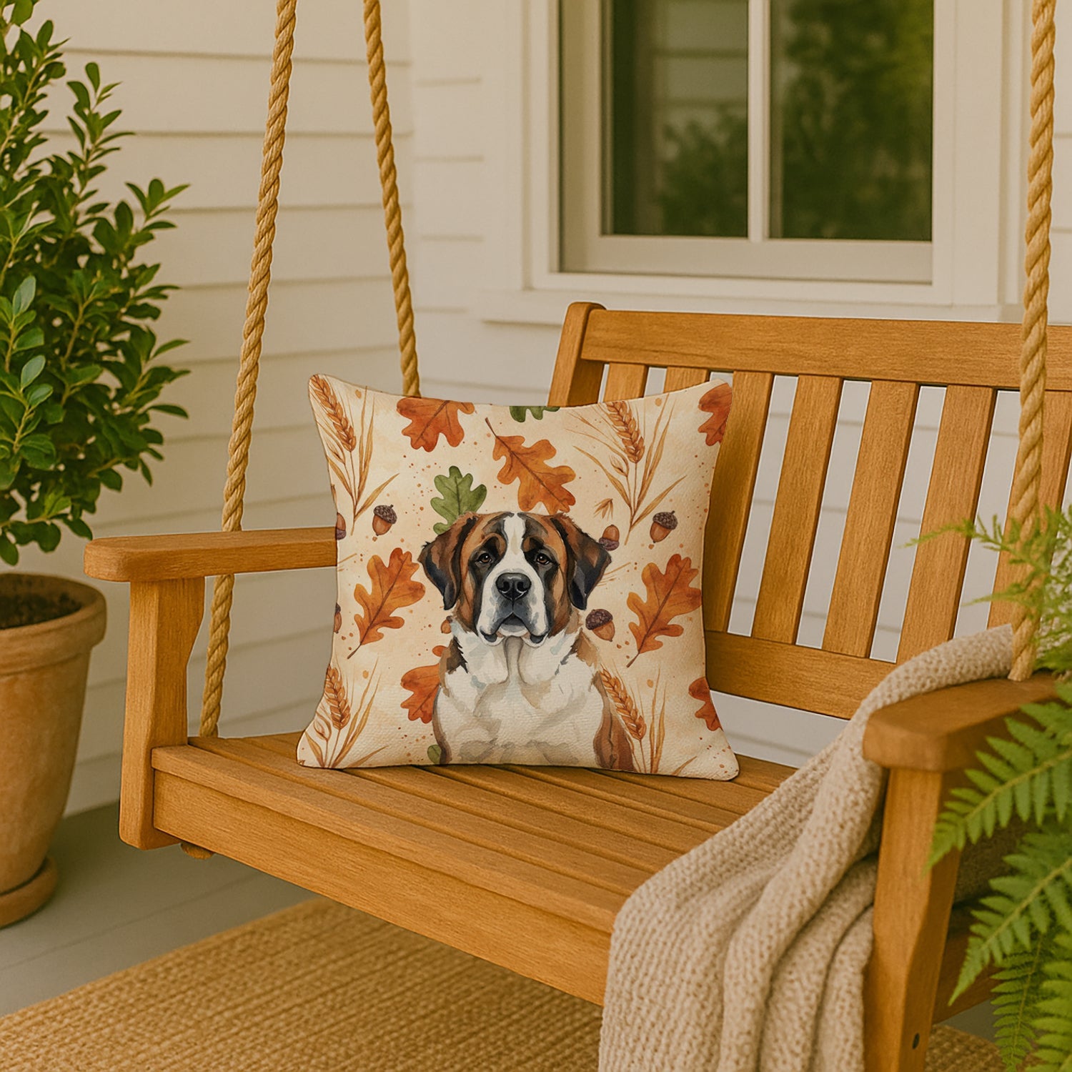 Brindle and White Saint Bernard Heirloom Fall Decorative Throw Pillow 18x18 Indoor Outdoor Accent Cushion, Fabric Cover with Insert for Sofa, Bed, Porch & Living Room