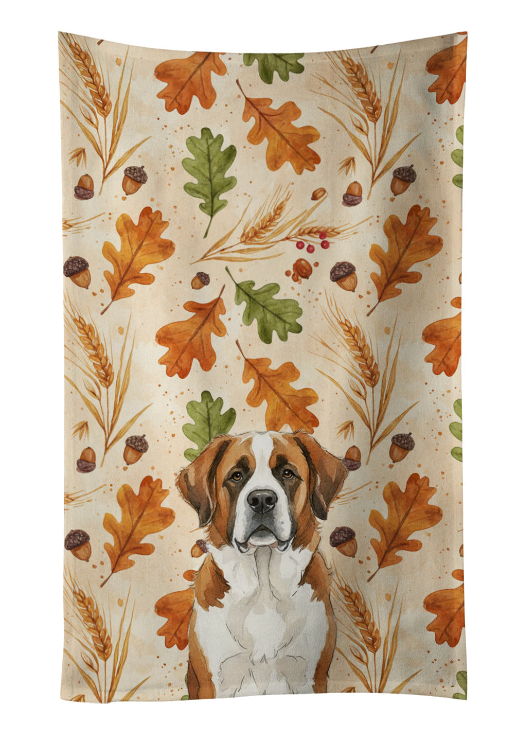 Brown and White Saint Bernard Heirloom Fall Kitchen Towel Velour Plush Front and Cotton Loop Back Machine Washable