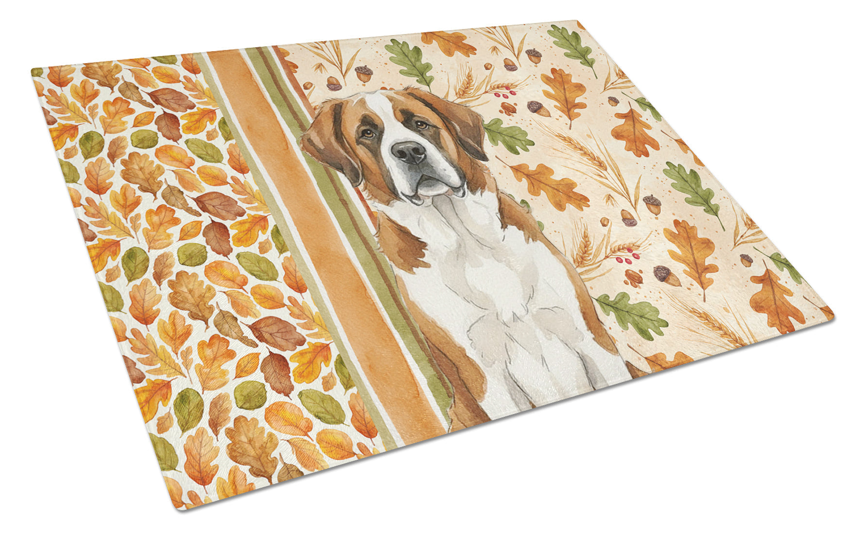 Brown and White Saint Bernard Heirloom Fall Cutting Board Tempered Glass Kitchen Cutting Surface, Heat Resistant Chopping, Non-Slip Feet, Food Prep & Serving