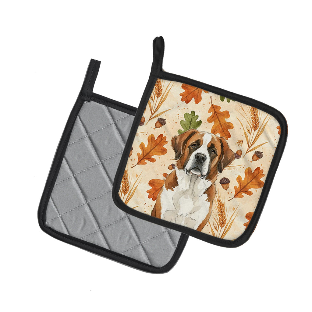 Brown and White Saint Bernard Heirloom Fall Pot Holder Set of 2 Heat Resistant Quilted Hot Pads 7.5 x 7.5 Inch, Insulated Kitchen Trivets for Cooking & Baking