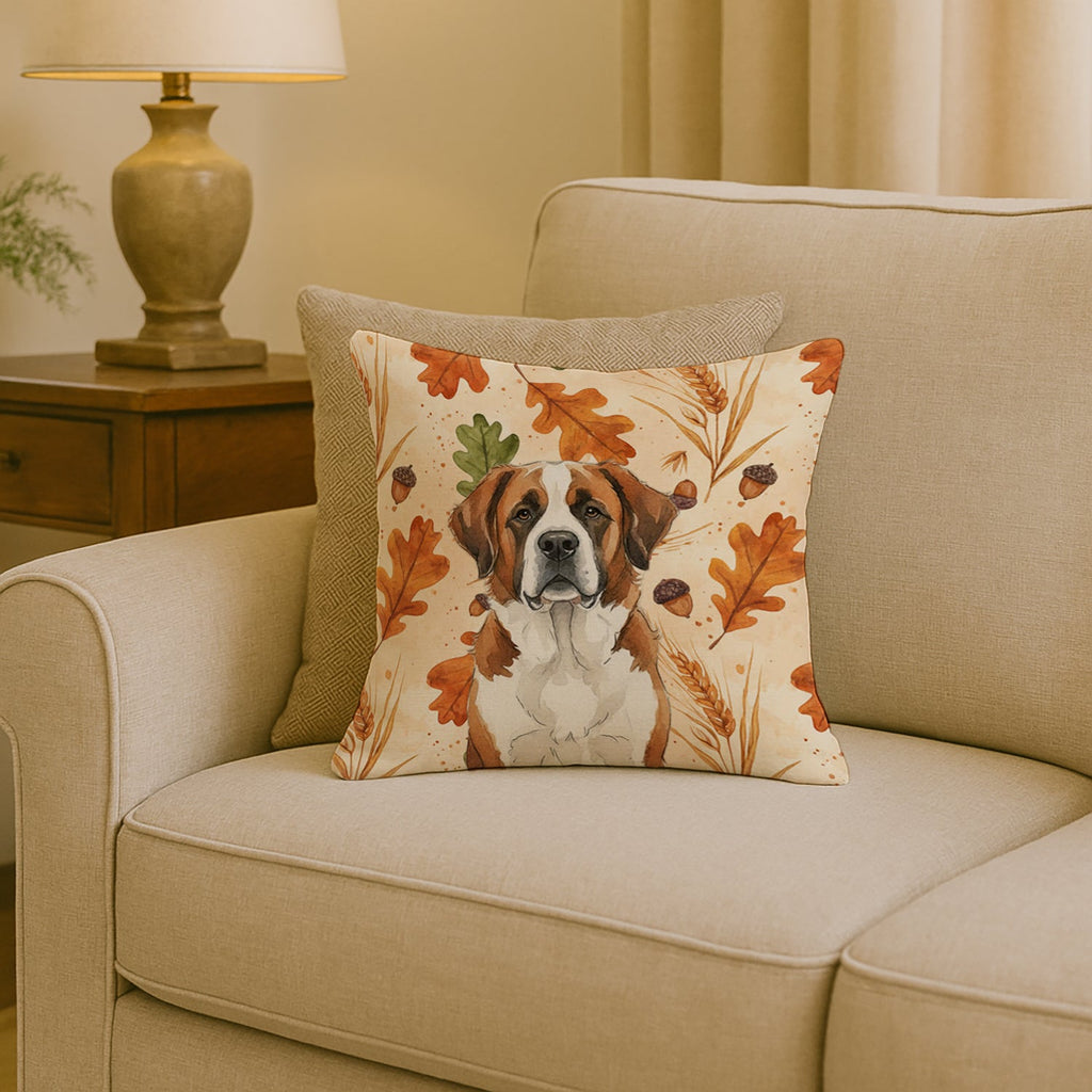 Brown and White Saint Bernard Heirloom Fall Decorative Throw Pillow 18x18 Indoor Outdoor Accent Cushion, Fabric Cover with Insert for Sofa, Bed, Porch & Living Room