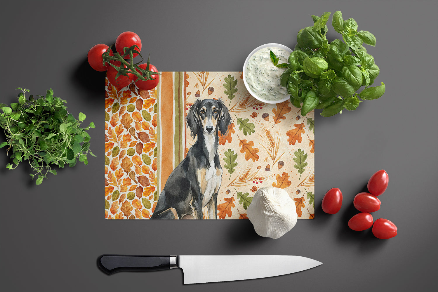 Black and Tan Saluki Heirloom Fall Cutting Board Tempered Glass Kitchen Cutting Surface, Heat Resistant Chopping, Non-Slip Feet, Food Prep & Serving