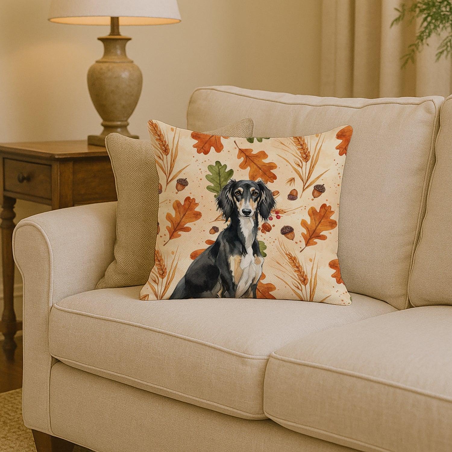 Black and Tan Saluki Heirloom Fall Decorative Throw Pillow 14x14 Indoor Outdoor Accent Cushion, Fabric Cover with Insert for Sofa, Bed, Porch & Living Room