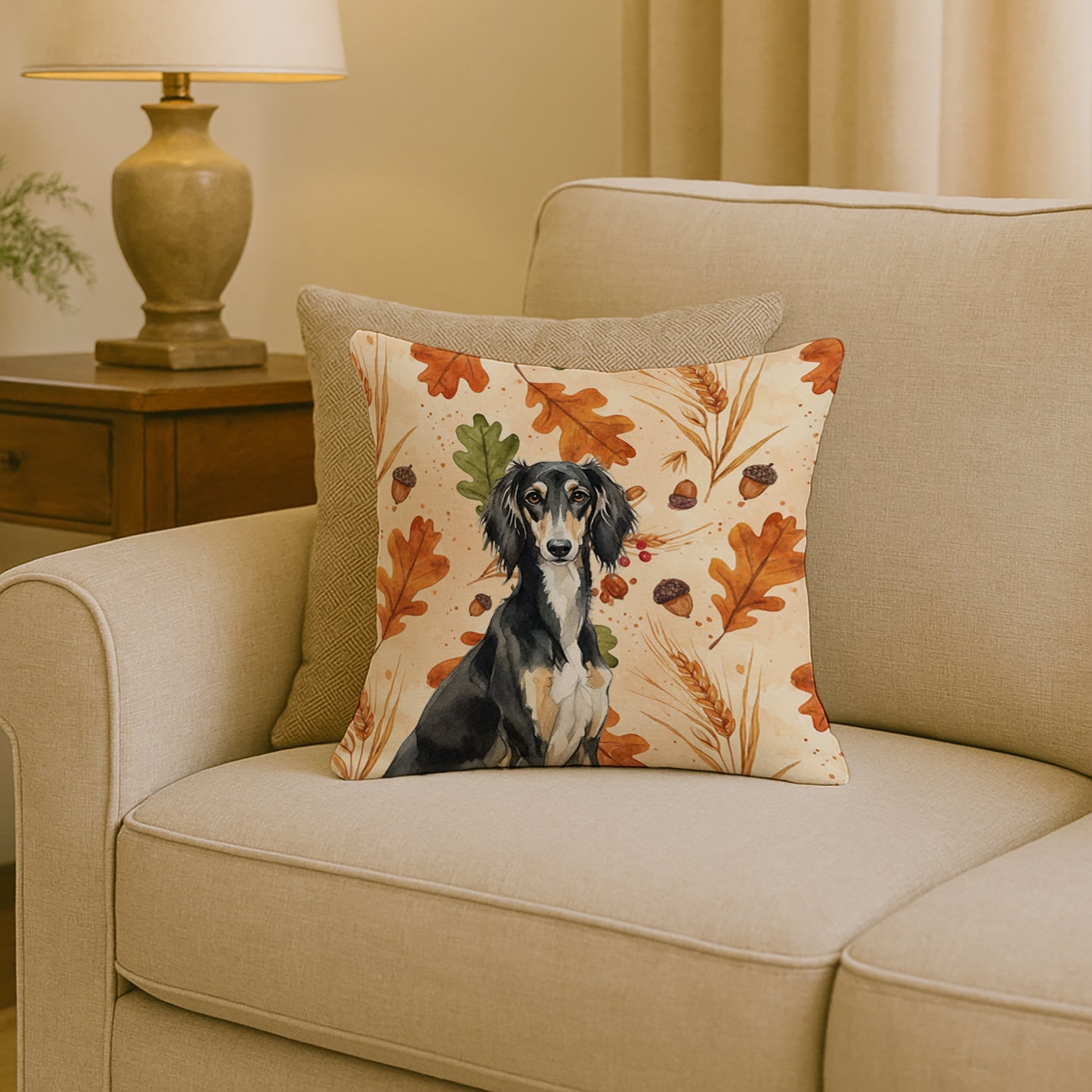 Black and Tan Saluki Heirloom Fall Decorative Throw Pillow 18x18 Indoor Outdoor Accent Cushion, Fabric Cover with Insert for Sofa, Bed, Porch & Living Room
