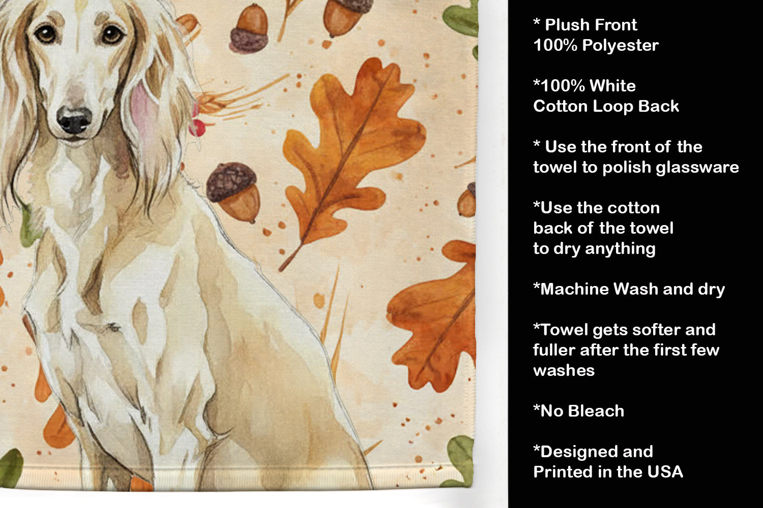 Cream Saluki Heirloom Fall Kitchen Towel Velour Plush Front and Cotton Loop Back Machine Washable