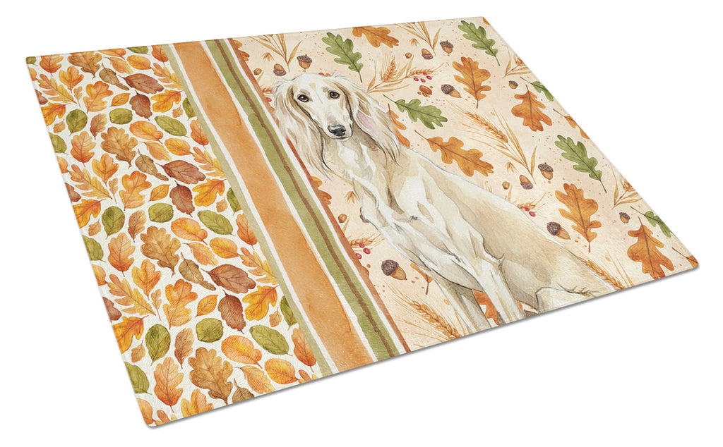 Cream Saluki Heirloom Fall Cutting Board Tempered Glass Kitchen Cutting Surface, Heat Resistant Chopping, Non-Slip Feet, Food Prep & Serving