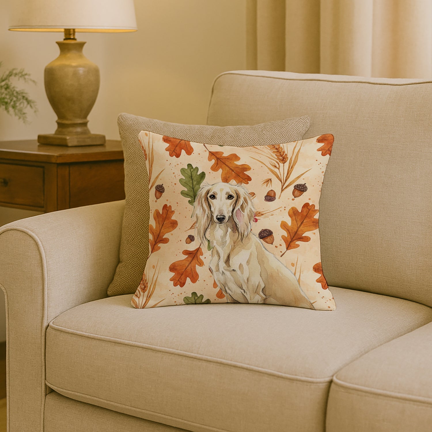 Cream Saluki Heirloom Fall Decorative Throw Pillow 18x18 Indoor Outdoor Accent Cushion, Fabric Cover with Insert for Sofa, Bed, Porch & Living Room