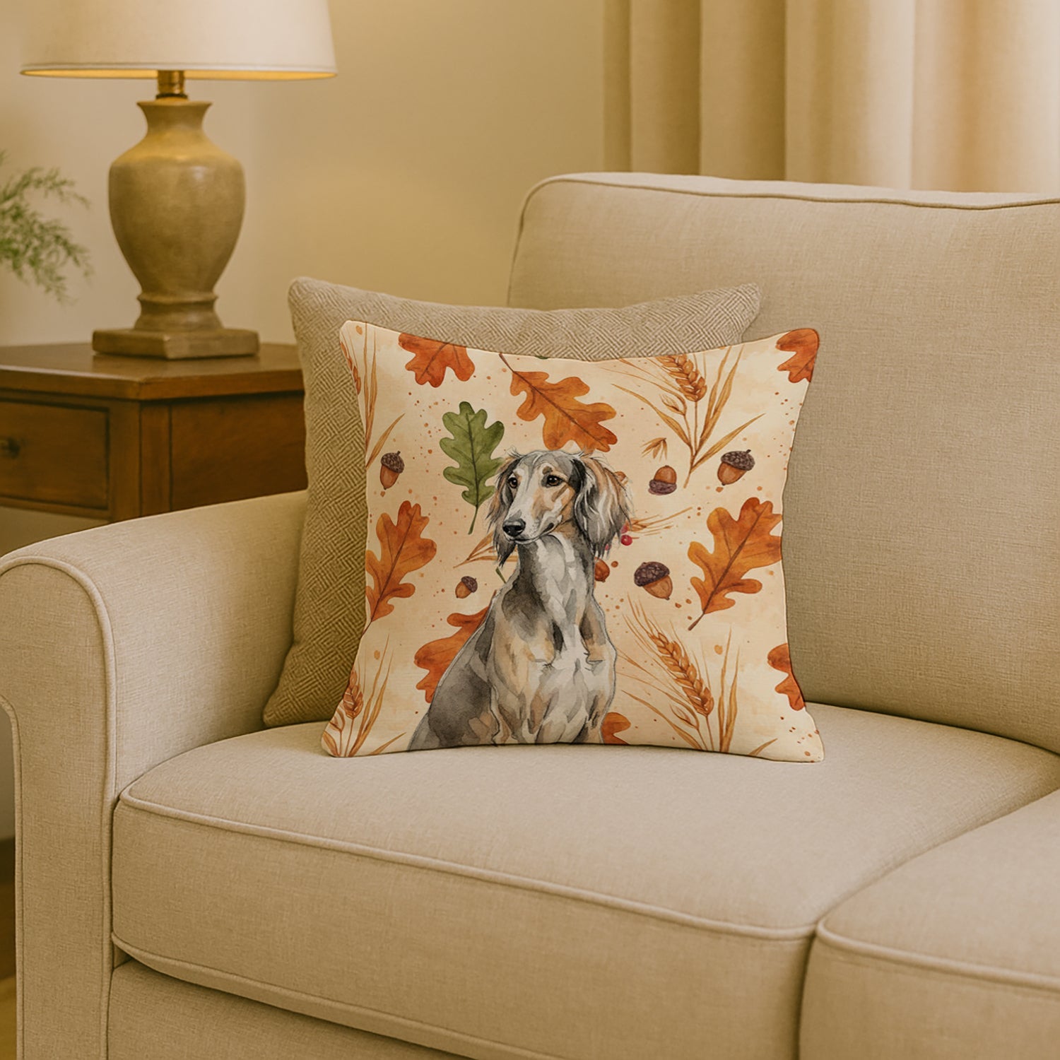 Grizzle Saluki Heirloom Fall Decorative Throw Pillow 18x18 Indoor Outdoor Accent Cushion, Fabric Cover with Insert for Sofa, Bed, Porch & Living Room