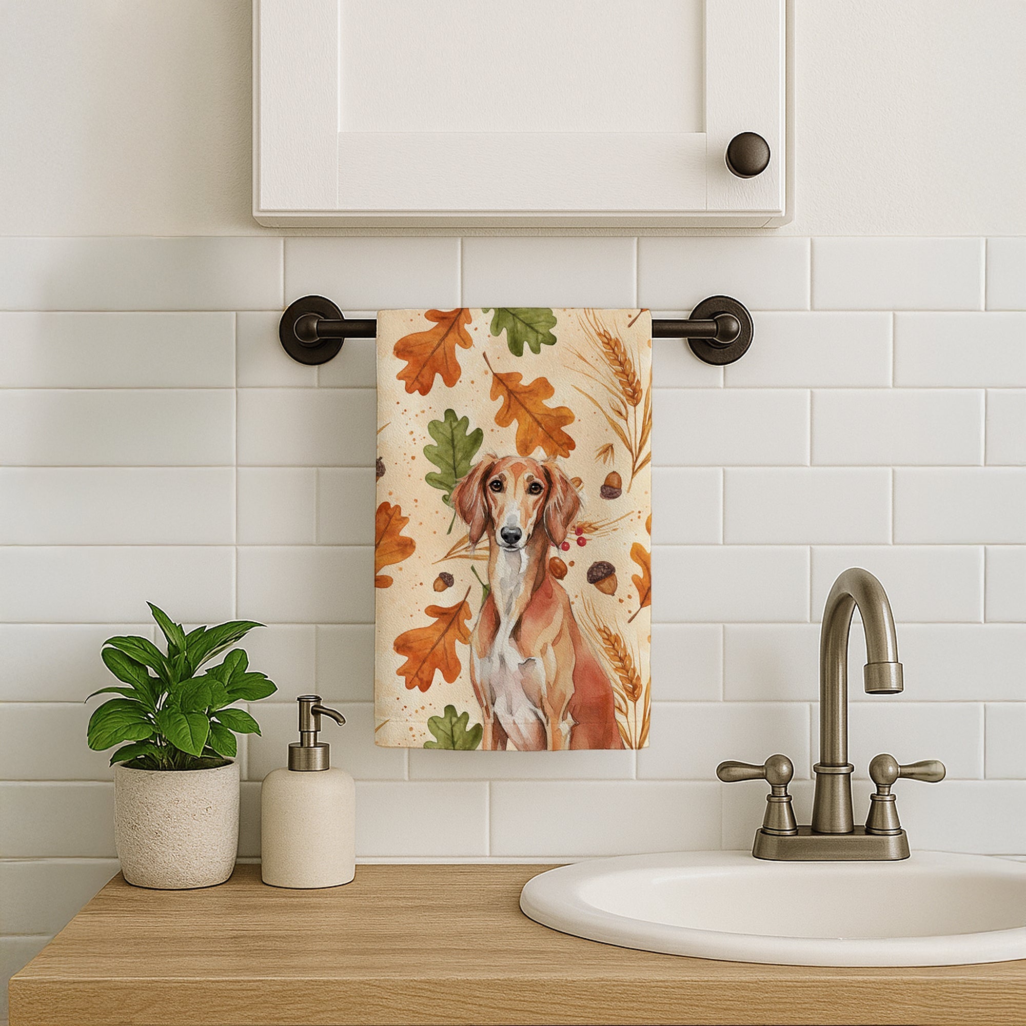 Red Saluki Heirloom Fall Kitchen Towel Velour Plush Front and Cotton Loop Back Machine Washable