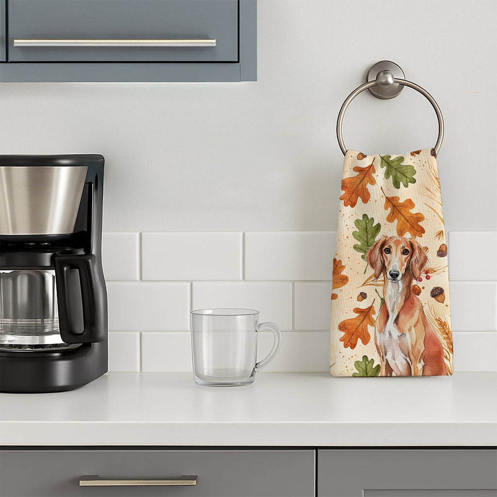 Red Saluki Heirloom Fall Kitchen Towel Velour Plush Front and Cotton Loop Back Machine Washable