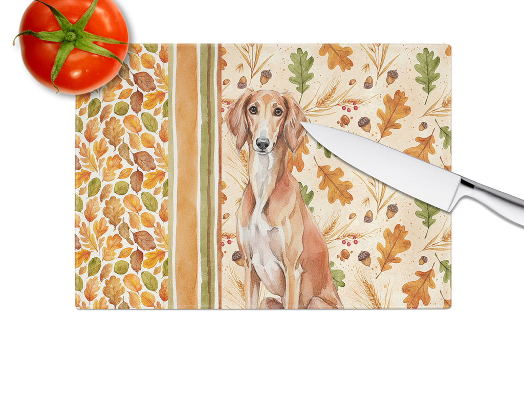 Red Saluki Heirloom Fall Cutting Board Tempered Glass Kitchen Cutting Surface, Heat Resistant Chopping, Non-Slip Feet, Food Prep & Serving