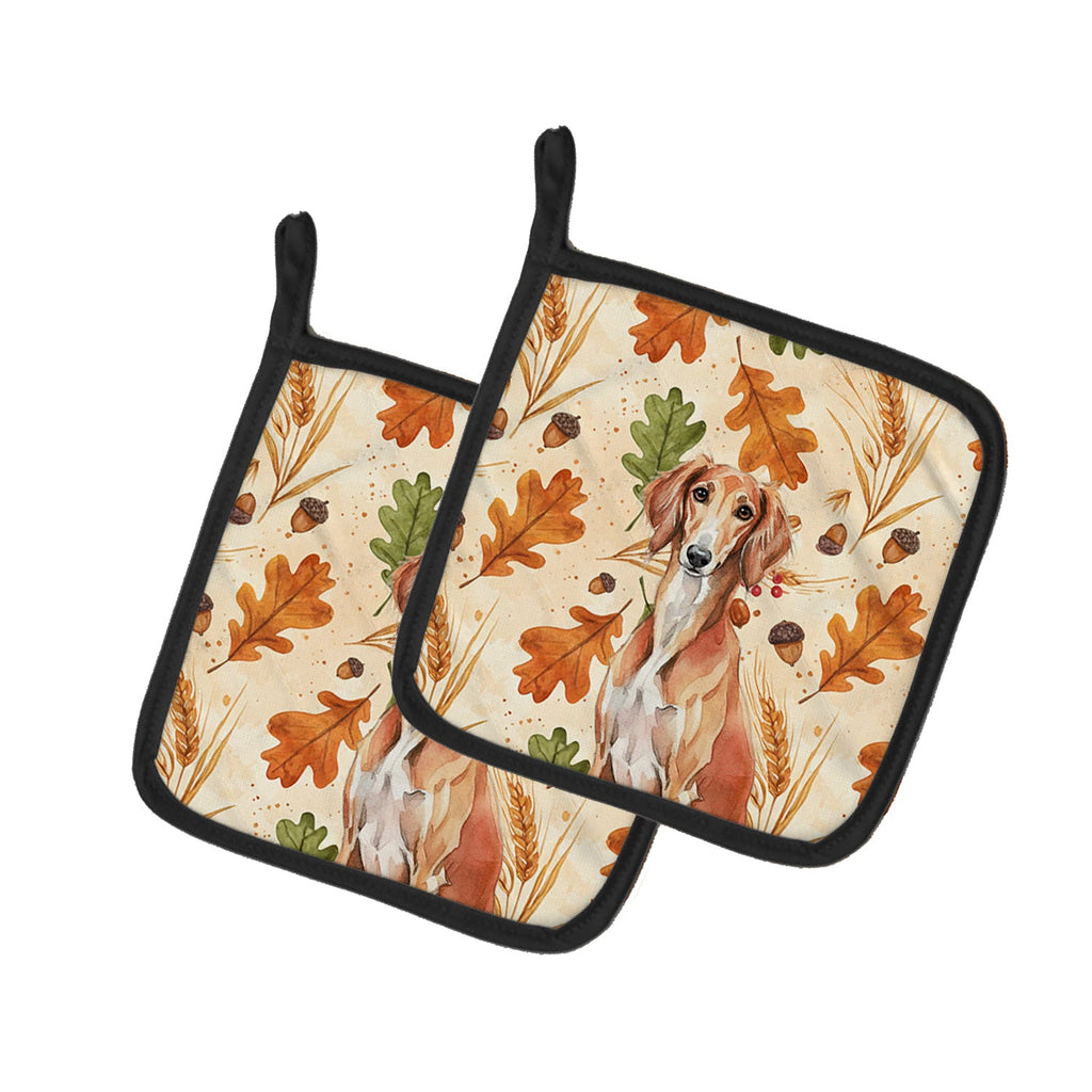 Red Saluki Heirloom Fall Pot Holder Set of 2 Heat Resistant Quilted Hot Pads 7.5 x 7.5 Inch, Insulated Kitchen Trivets for Cooking & Baking