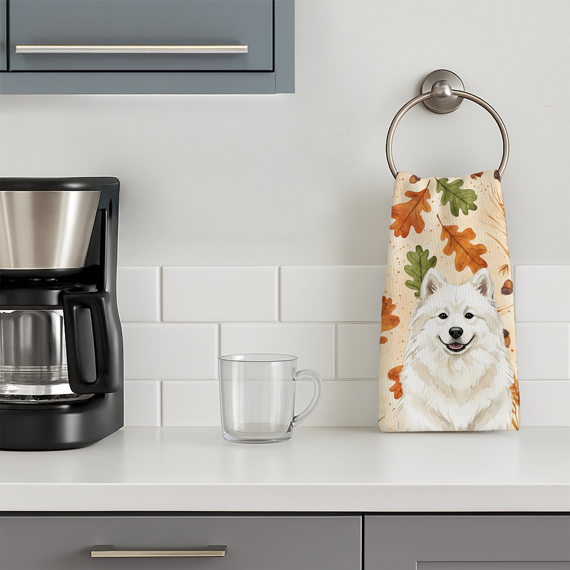 Cream Samoyed Heirloom Fall Kitchen Towel Velour Plush Front and Cotton Loop Back Machine Washable