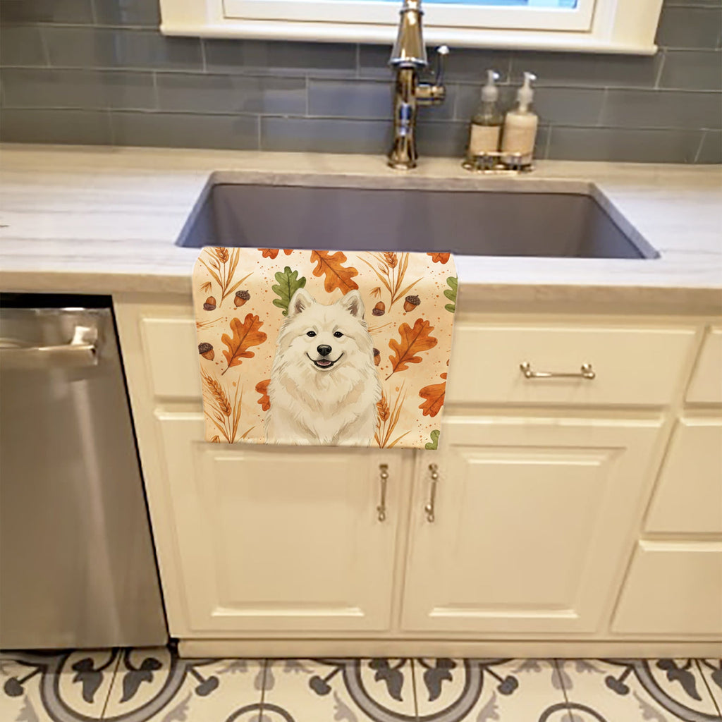 Cream Samoyed Heirloom Fall Kitchen Towel Velour Plush Front and Cotton Loop Back Machine Washable