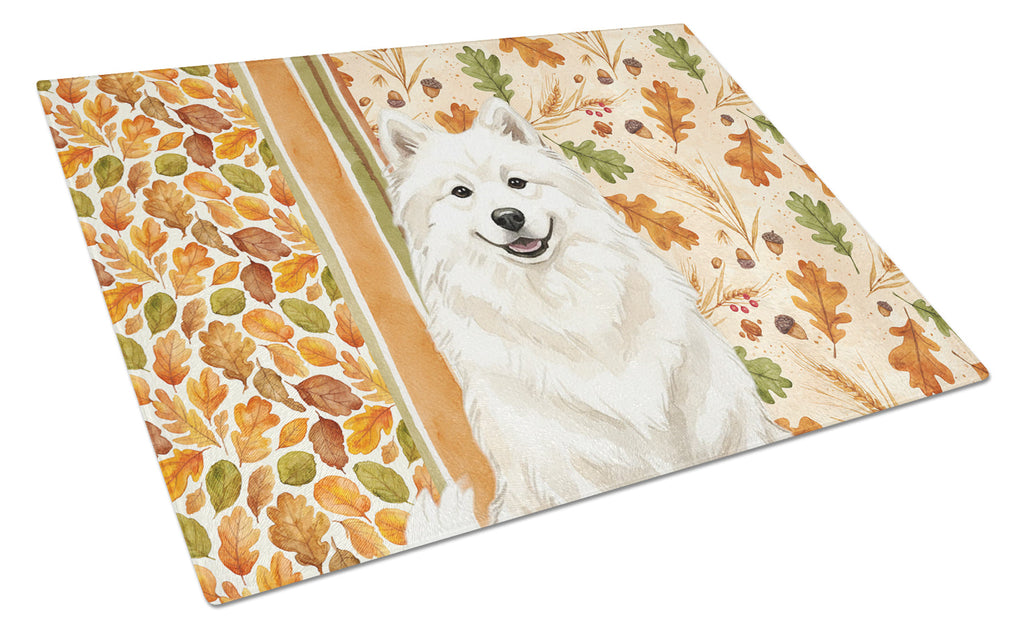 Cream Samoyed Heirloom Fall Cutting Board Tempered Glass Kitchen Cutting Surface, Heat Resistant Chopping, Non-Slip Feet, Food Prep & Serving
