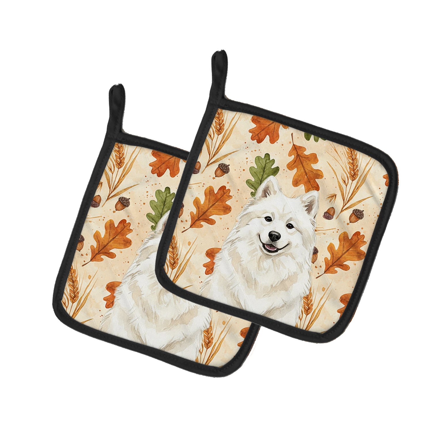 Cream Samoyed Heirloom Fall Pot Holder Set of 2 Heat Resistant Quilted Hot Pads 7.5 x 7.5 Inch, Insulated Kitchen Trivets for Cooking & Baking