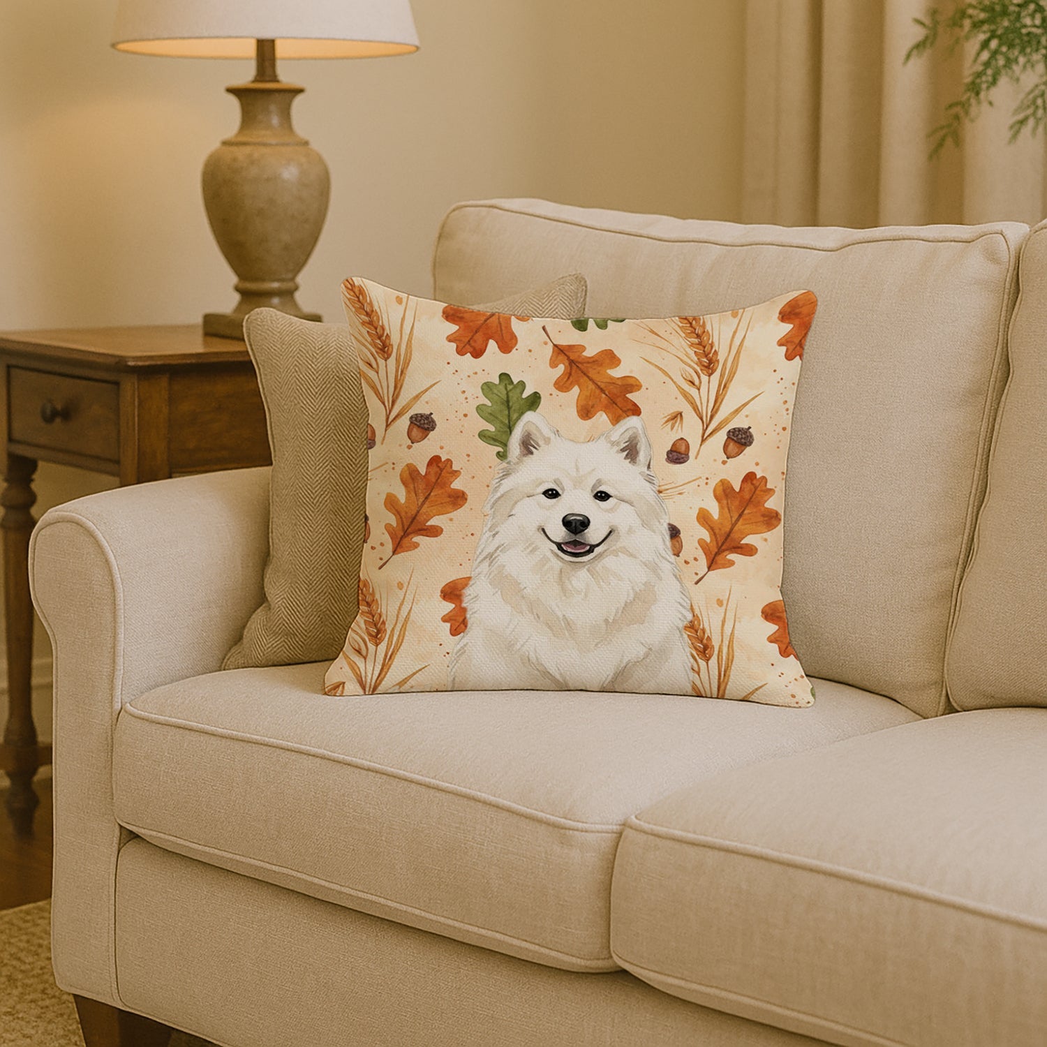 Cream Samoyed Heirloom Fall Decorative Throw Pillow 14x14 Indoor Outdoor Accent Cushion, Fabric Cover with Insert for Sofa, Bed, Porch & Living Room