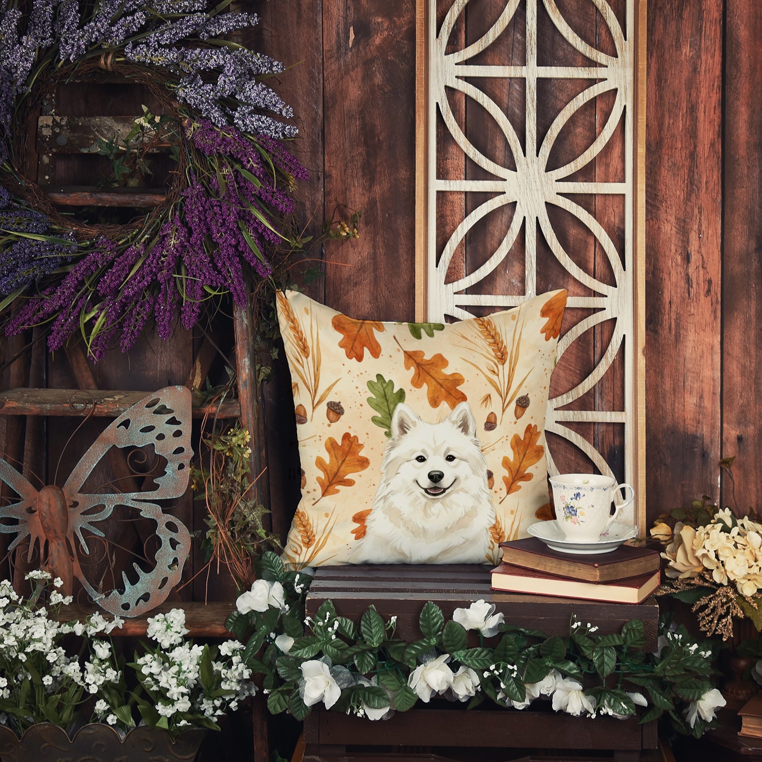 Cream Samoyed Heirloom Fall Decorative Throw Pillow 14x14 Indoor Outdoor Accent Cushion, Fabric Cover with Insert for Sofa, Bed, Porch & Living Room