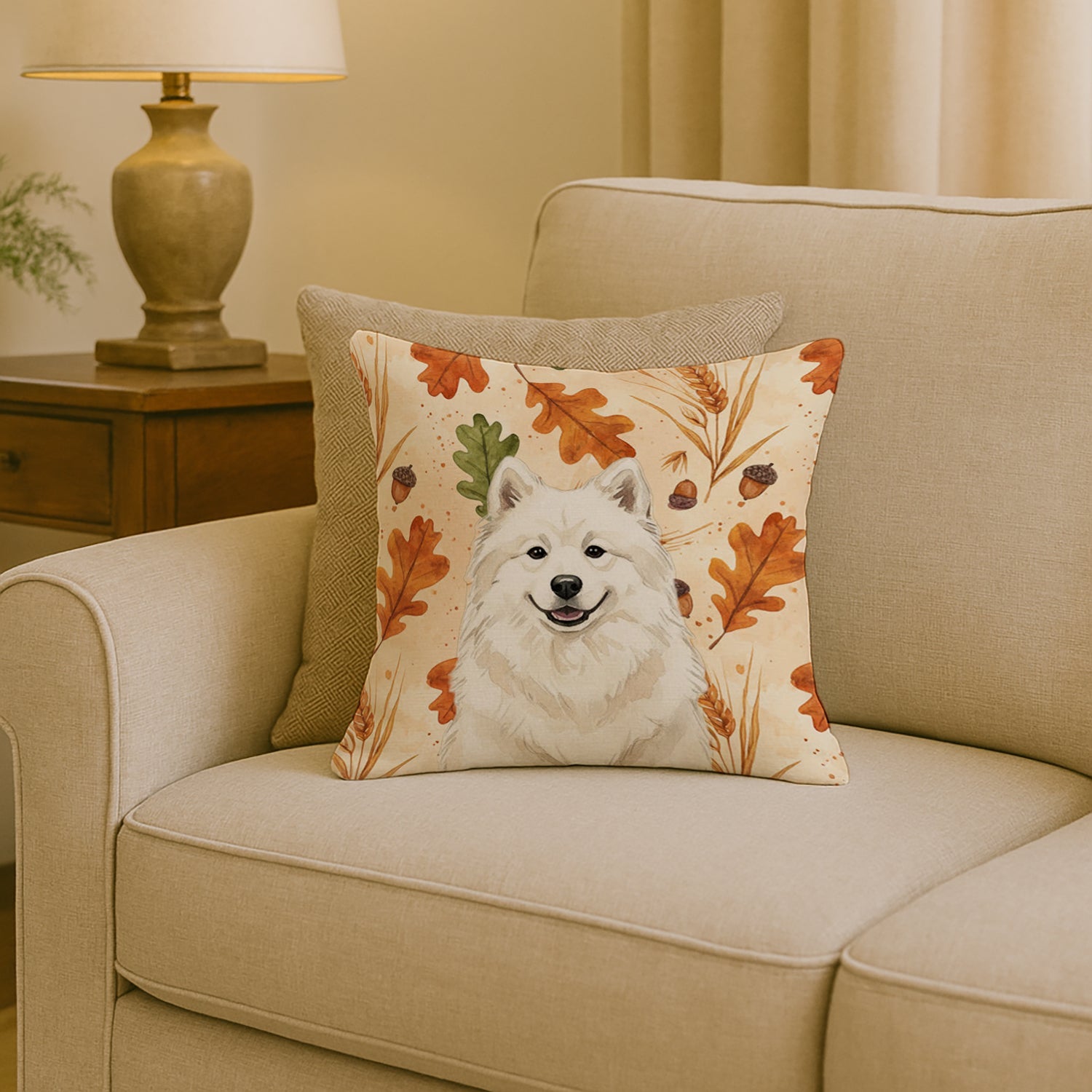 Cream Samoyed Heirloom Fall Decorative Throw Pillow 18x18 Indoor Outdoor Accent Cushion, Fabric Cover with Insert for Sofa, Bed, Porch & Living Room