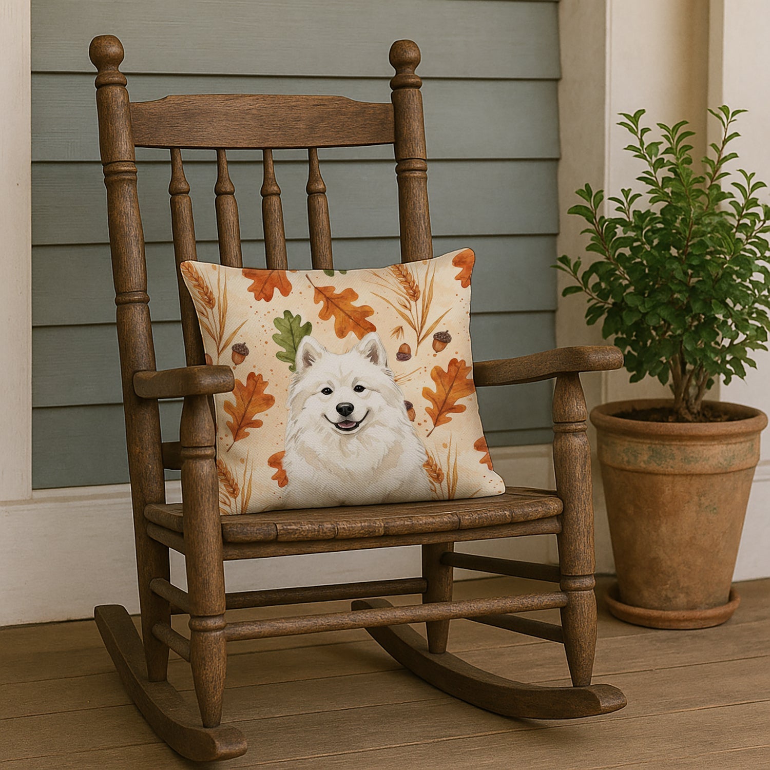 Cream Samoyed Heirloom Fall Decorative Throw Pillow 18x18 Indoor Outdoor Accent Cushion, Fabric Cover with Insert for Sofa, Bed, Porch & Living Room