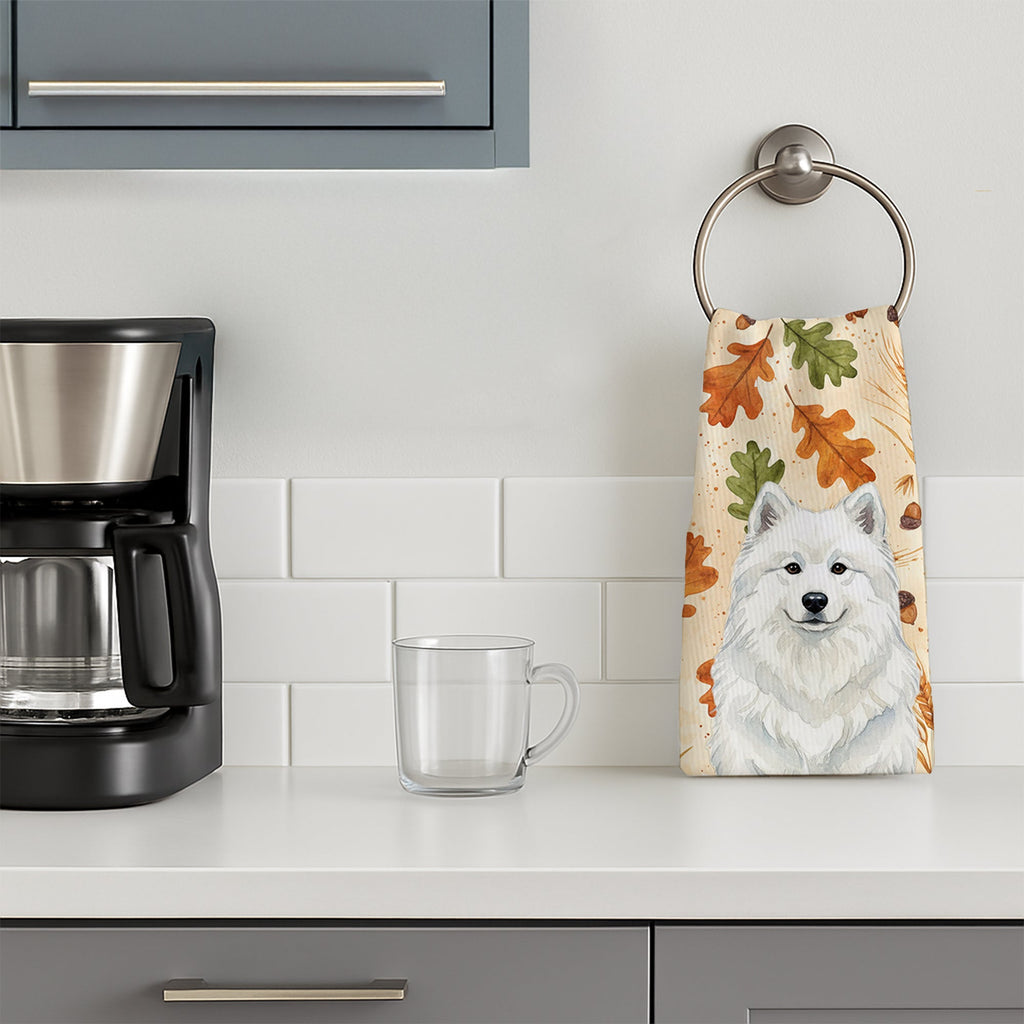 White Samoyed Heirloom Fall Kitchen Towel Velour Plush Front and Cotton Loop Back Machine Washable