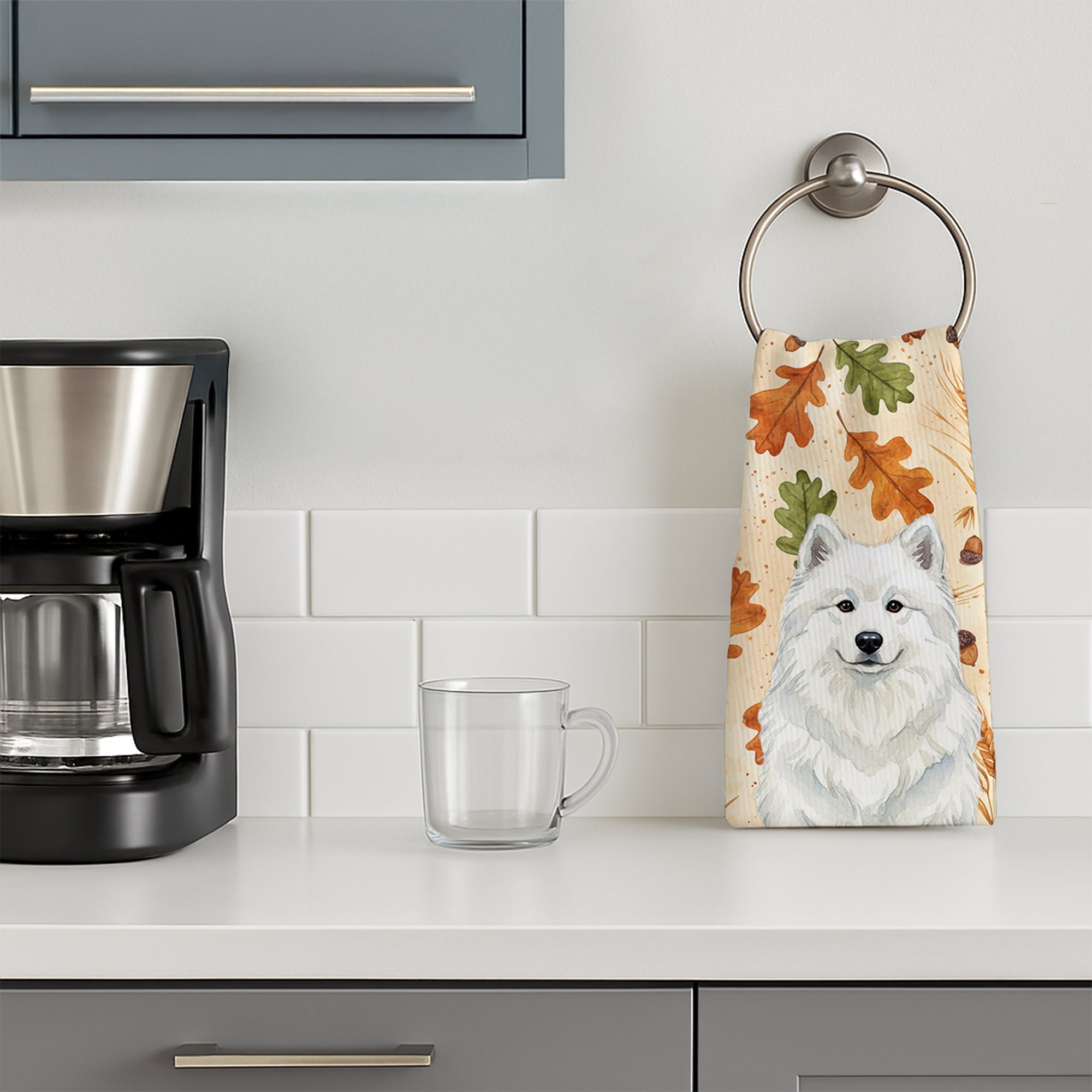 White Samoyed Heirloom Fall Kitchen Towel Velour Plush Front and Cotton Loop Back Machine Washable