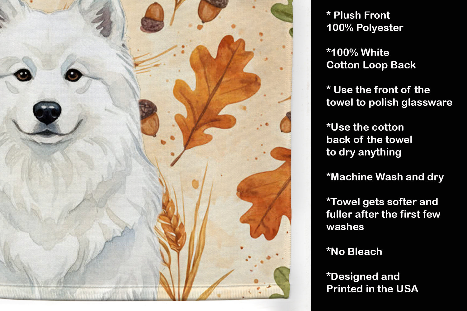 White Samoyed Heirloom Fall Kitchen Towel Velour Plush Front and Cotton Loop Back Machine Washable