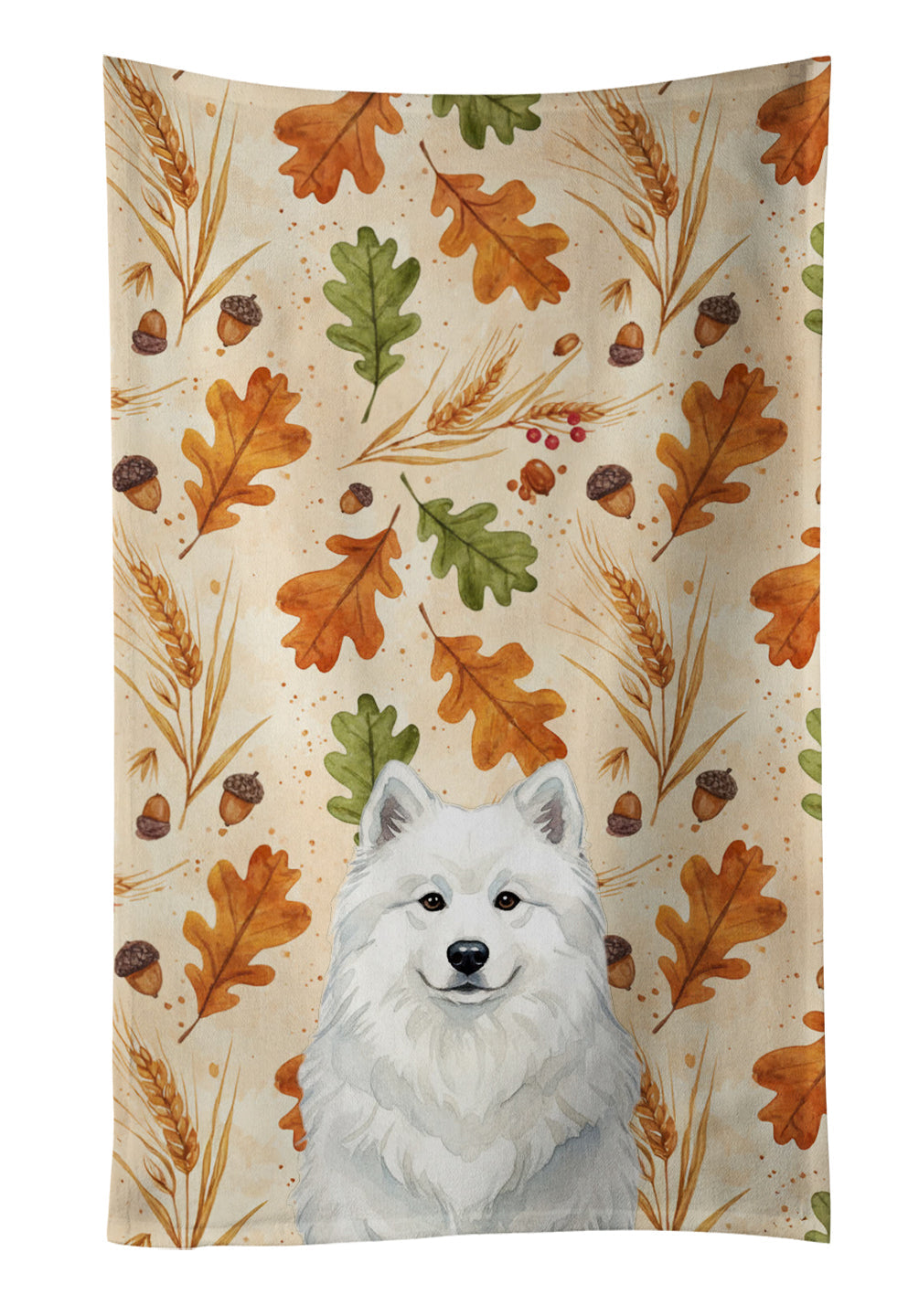 White Samoyed Heirloom Fall Kitchen Towel Velour Plush Front and Cotton Loop Back Machine Washable