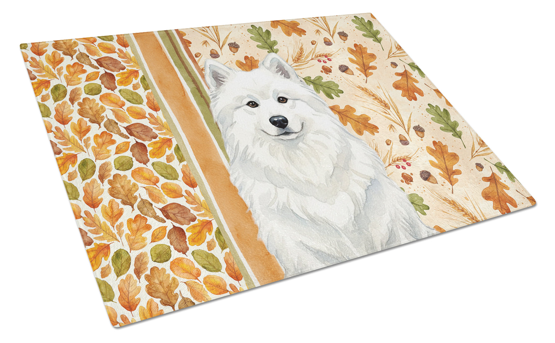 White Samoyed Heirloom Fall Cutting Board Tempered Glass Kitchen Cutting Surface, Heat Resistant Chopping, Non-Slip Feet, Food Prep & Serving