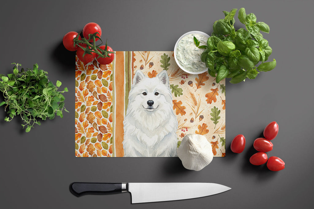 White Samoyed Heirloom Fall Cutting Board Tempered Glass Kitchen Cutting Surface, Heat Resistant Chopping, Non-Slip Feet, Food Prep & Serving
