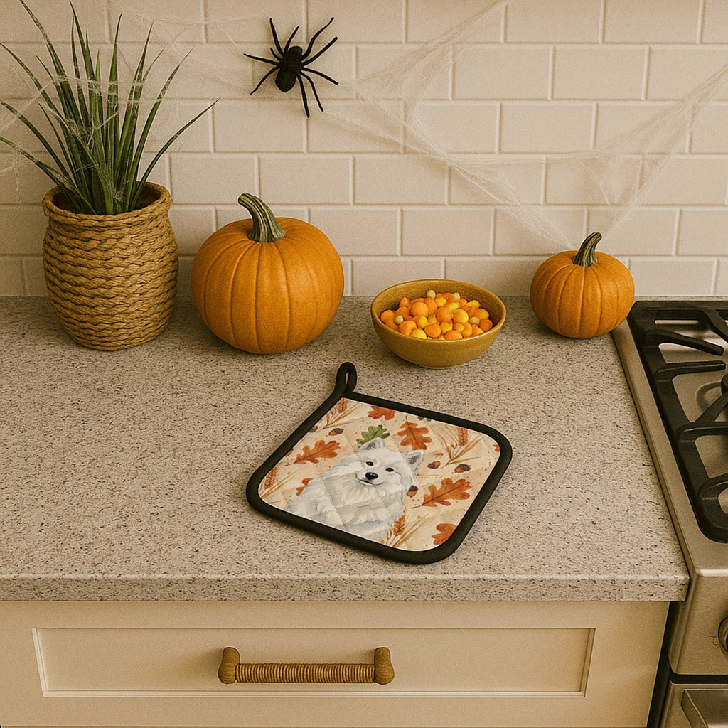 White Samoyed Heirloom Fall Pot Holder Set of 2 Heat Resistant Quilted Hot Pads 7.5 x 7.5 Inch, Insulated Kitchen Trivets for Cooking & Baking
