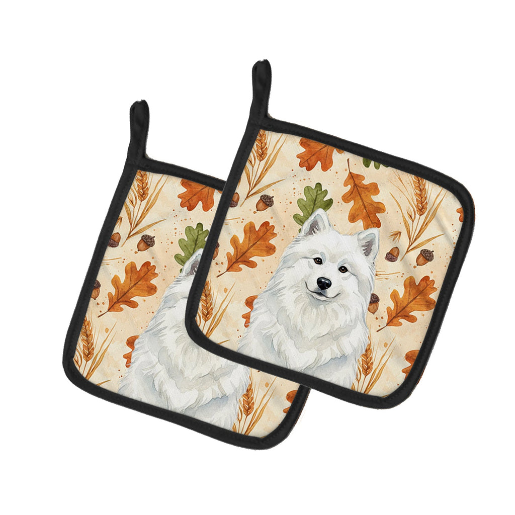 White Samoyed Heirloom Fall Pot Holder Set of 2 Heat Resistant Quilted Hot Pads 7.5 x 7.5 Inch, Insulated Kitchen Trivets for Cooking & Baking