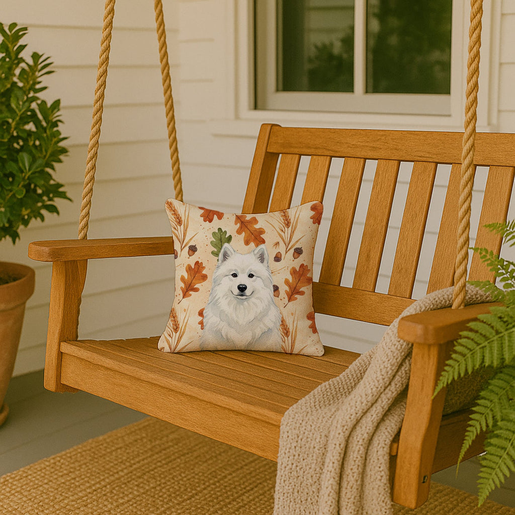 White Samoyed Heirloom Fall Decorative Throw Pillow 14x14 Indoor Outdoor Accent Cushion, Fabric Cover with Insert for Sofa, Bed, Porch & Living Room