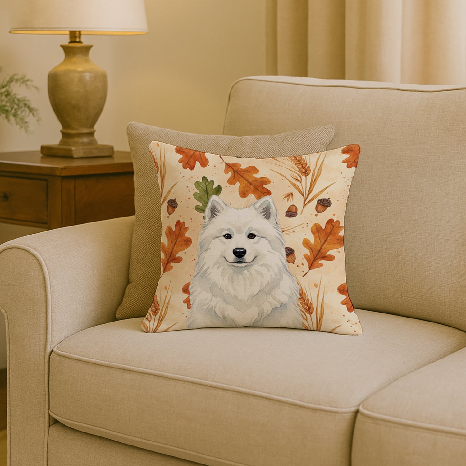 White Samoyed Heirloom Fall Decorative Throw Pillow 18x18 Indoor Outdoor Accent Cushion, Fabric Cover with Insert for Sofa, Bed, Porch & Living Room