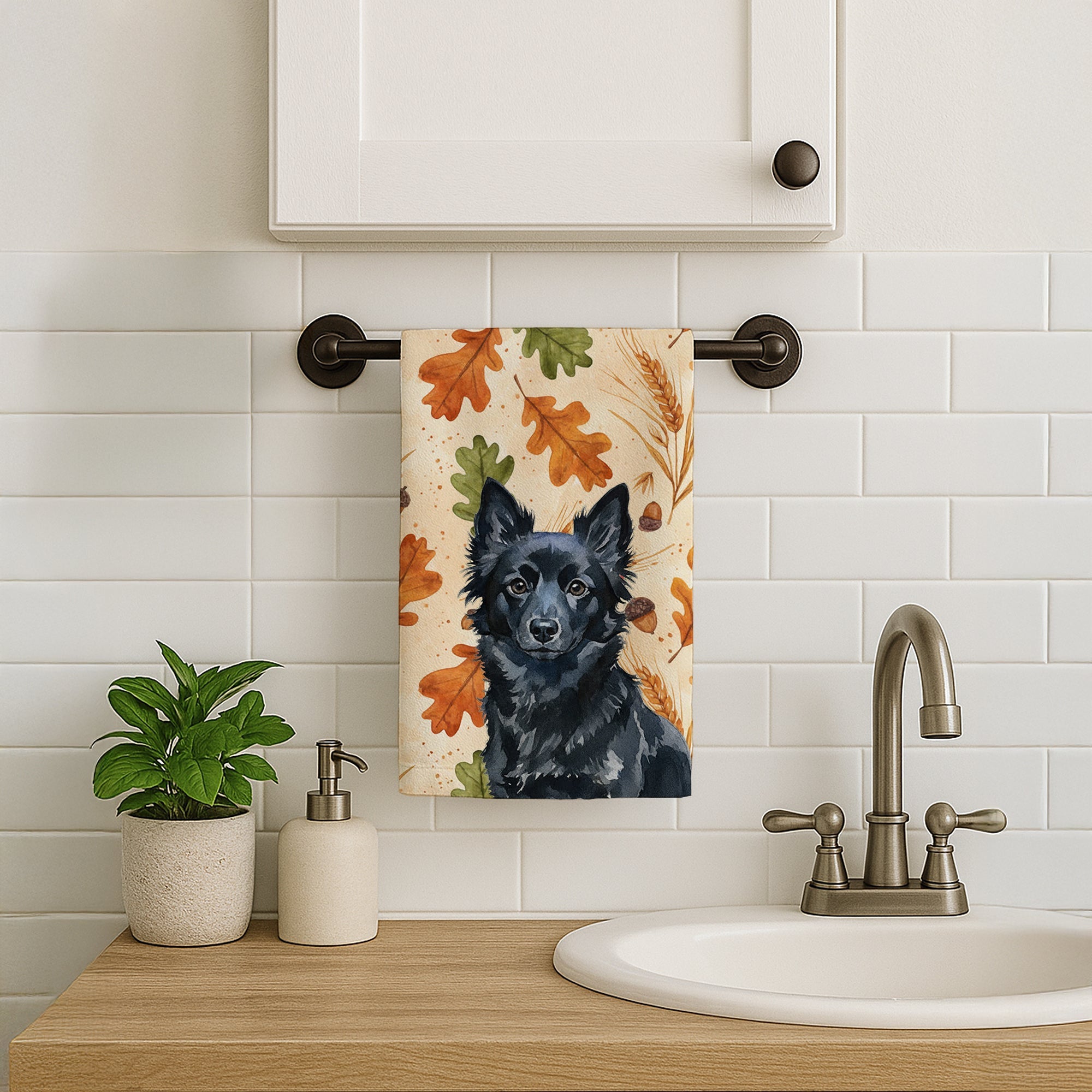 Schipperke Heirloom Fall Kitchen Towel Velour Plush Front and Cotton Loop Back Machine Washable