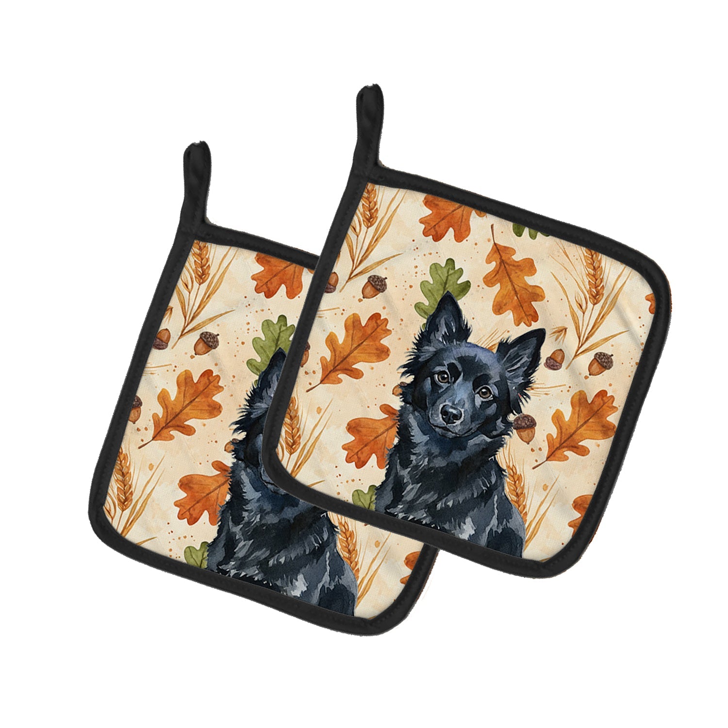 Schipperke Heirloom Fall Pot Holder Set of 2 Heat Resistant Quilted Hot Pads 7.5 x 7.5 Inch, Insulated Kitchen Trivets for Cooking & Baking