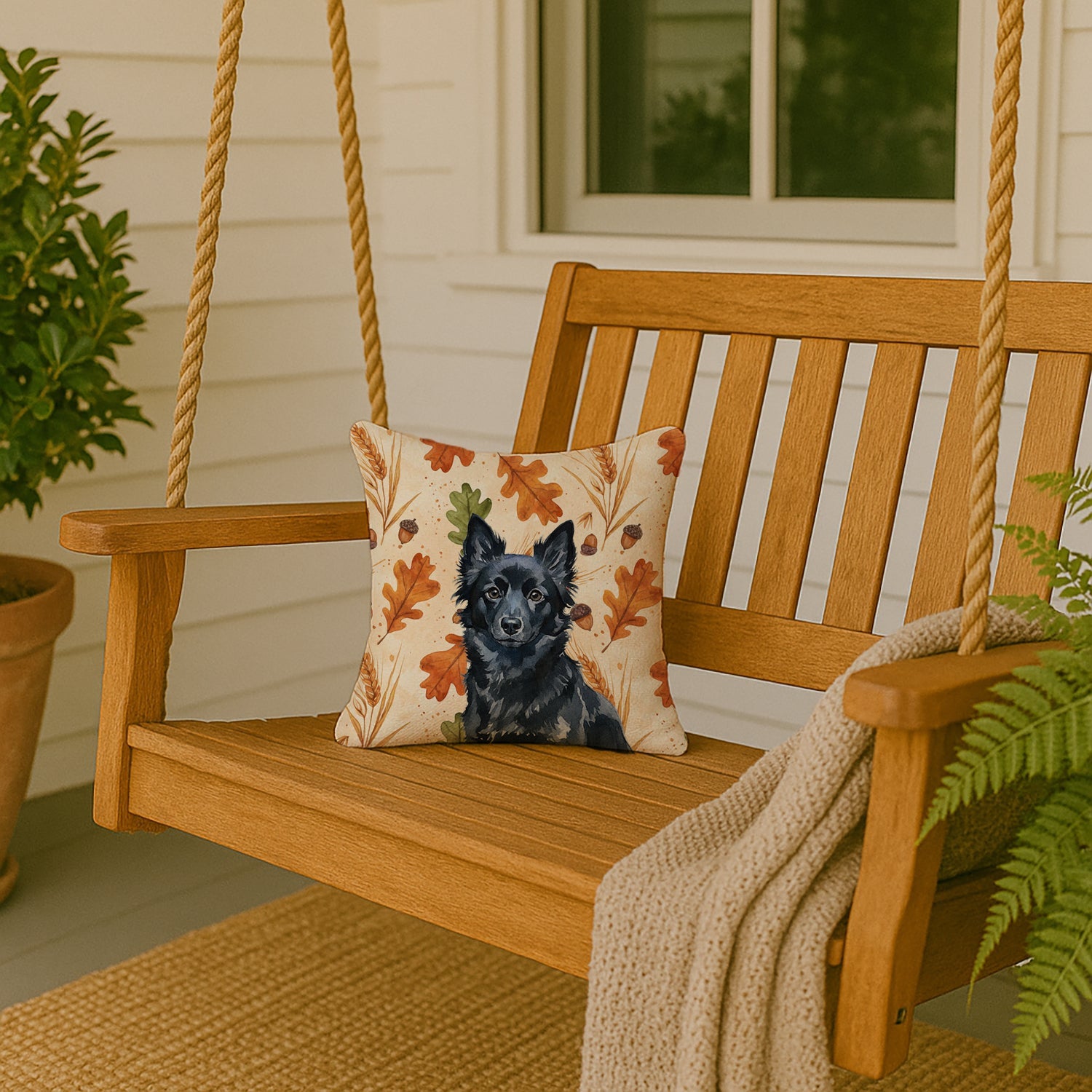 Schipperke Heirloom Fall Decorative Throw Pillow 14x14 Indoor Outdoor Accent Cushion, Fabric Cover with Insert for Sofa, Bed, Porch & Living Room