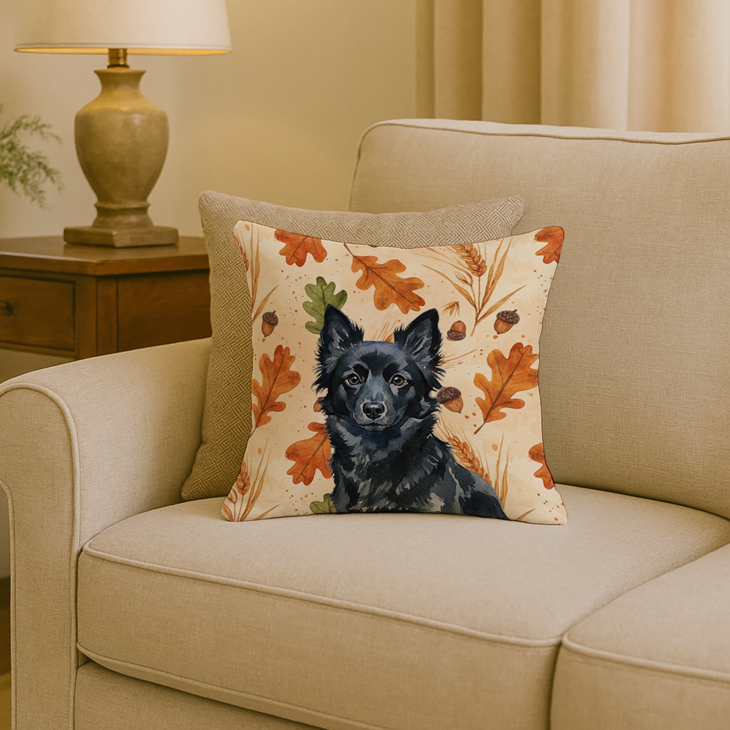 Schipperke Heirloom Fall Decorative Throw Pillow 18x18 Indoor Outdoor Accent Cushion, Fabric Cover with Insert for Sofa, Bed, Porch & Living Room