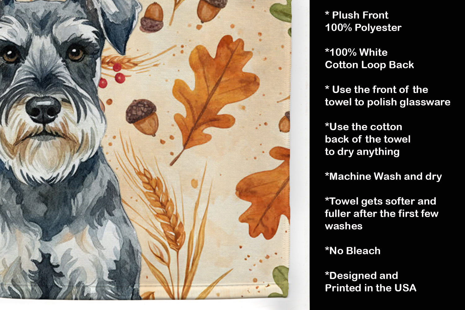 Schnauzer Heirloom Fall Kitchen Towel Velour Plush Front and Cotton Loop Back Machine Washable