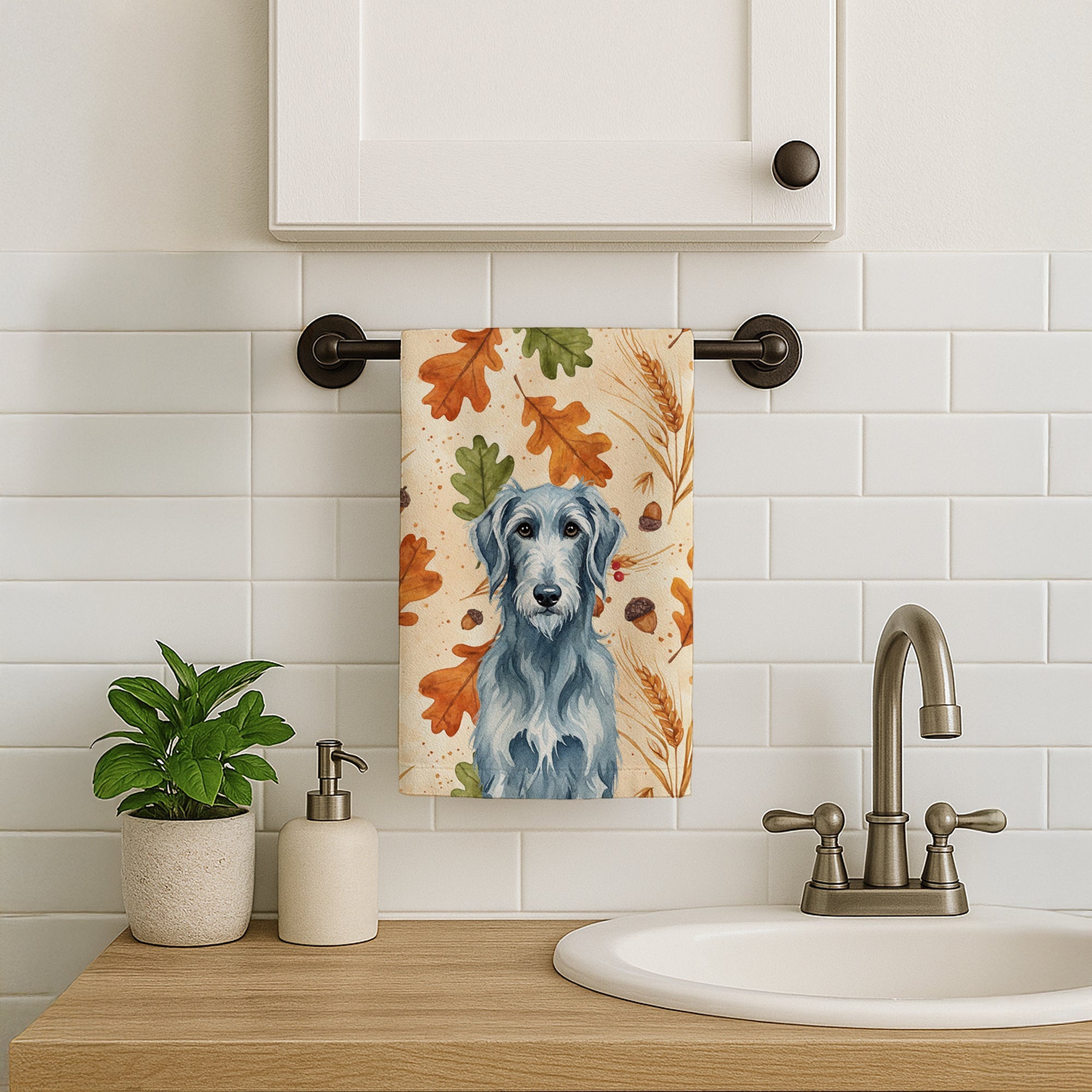 Blue-Gray Scottish Deerhound Heirloom Fall Kitchen Towel Velour Plush Front and Cotton Loop Back Machine Washable