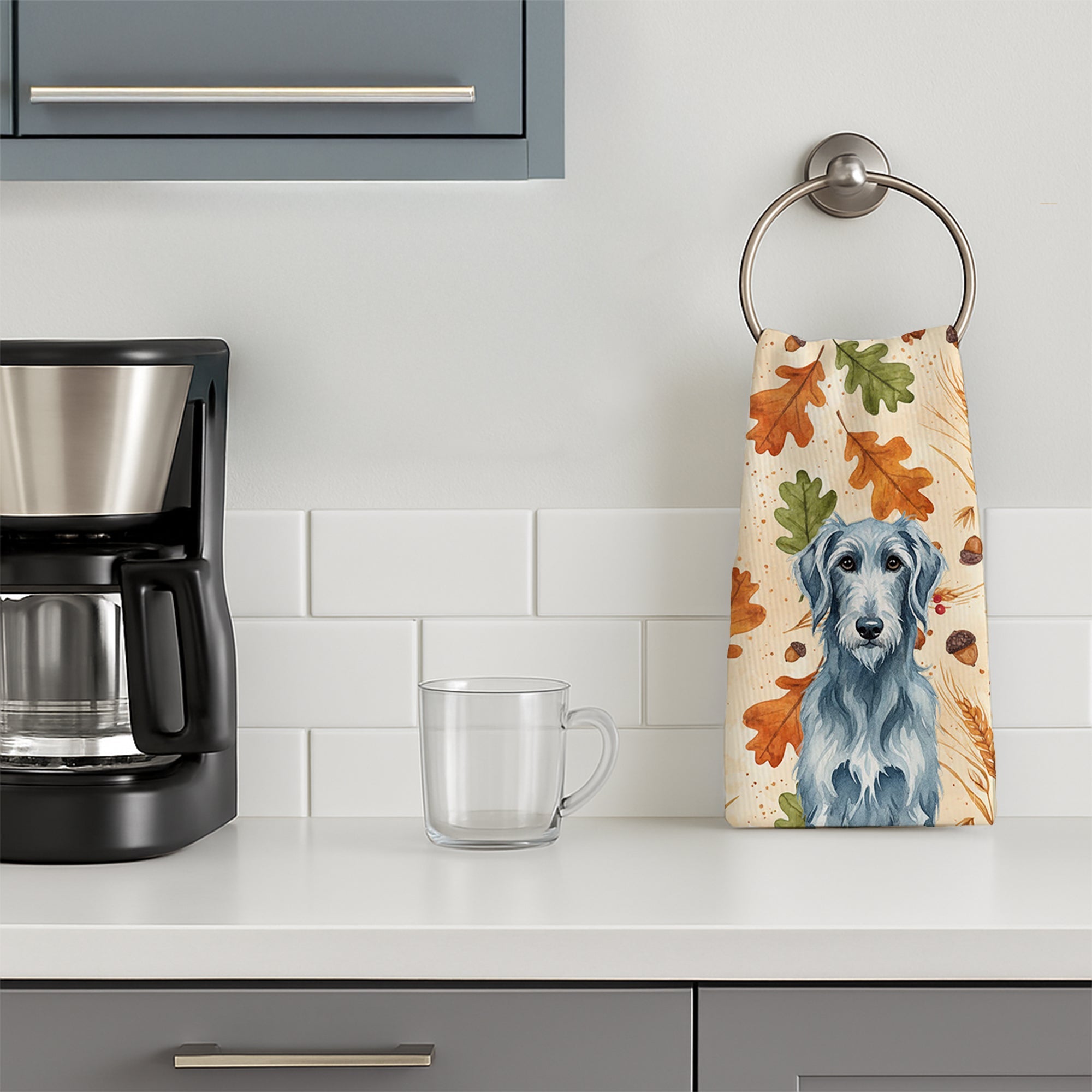 Blue-Gray Scottish Deerhound Heirloom Fall Kitchen Towel Velour Plush Front and Cotton Loop Back Machine Washable