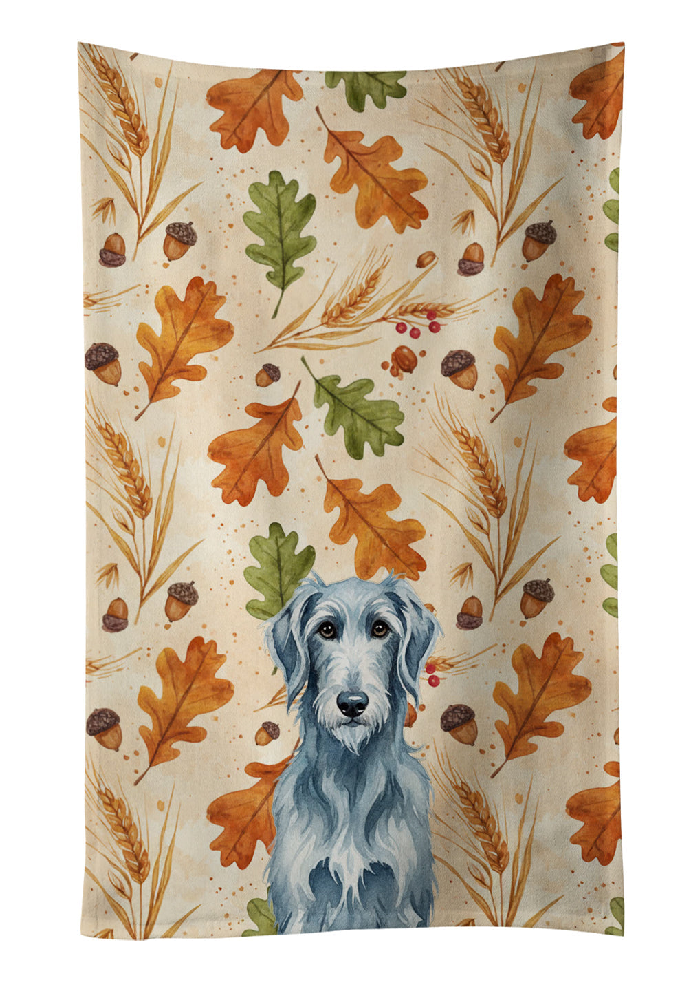 Blue-Gray Scottish Deerhound Heirloom Fall Kitchen Towel Velour Plush Front and Cotton Loop Back Machine Washable
