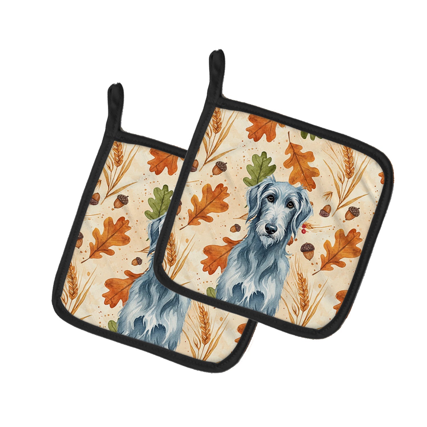 Blue-Gray Scottish Deerhound Heirloom Fall Pot Holder Set of 2 Heat Resistant Quilted Hot Pads 7.5 x 7.5 Inch, Insulated Kitchen Trivets for Cooking & Baking