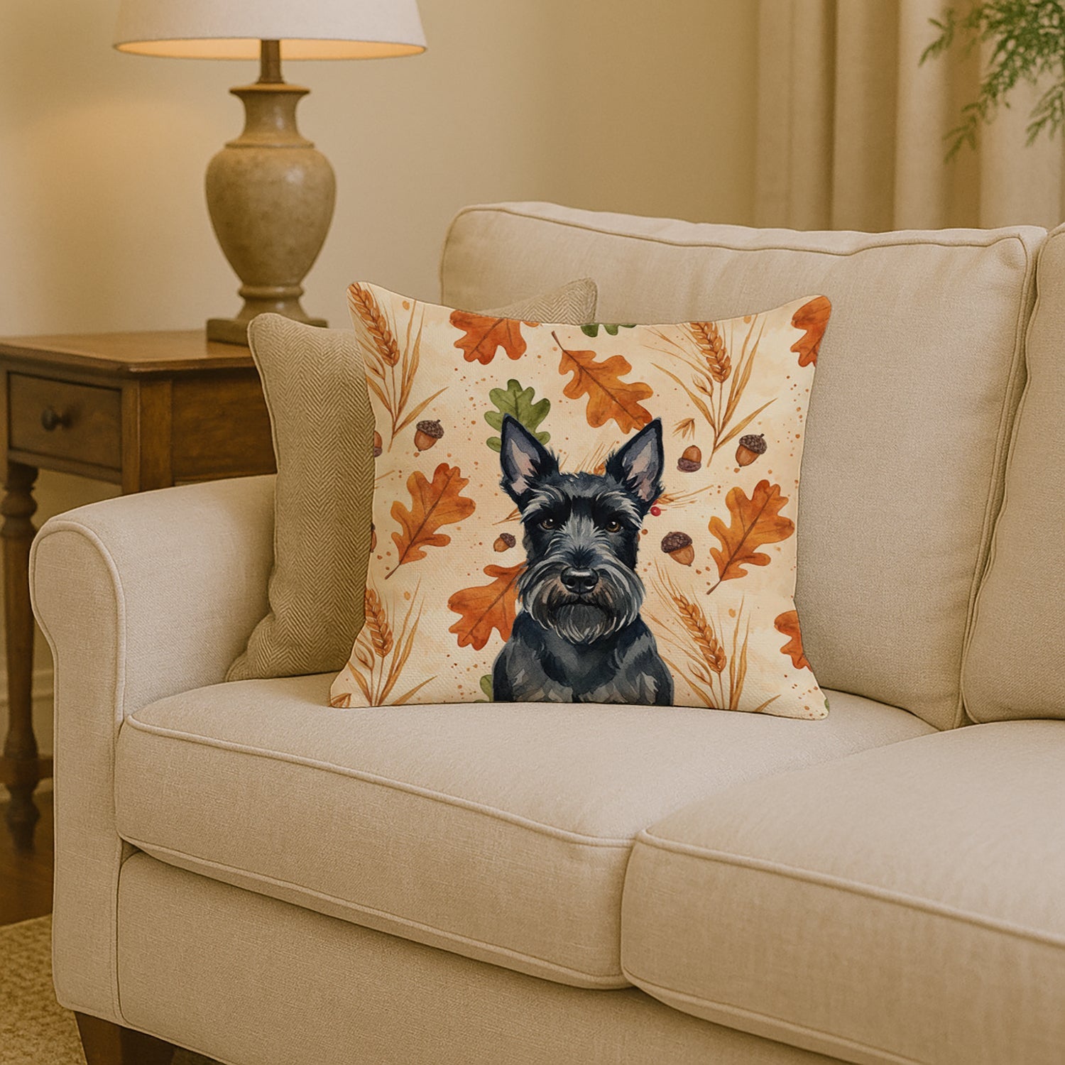 Scottish Terrier Heirloom Fall Decorative Throw Pillow 14x14 Indoor Outdoor Accent Cushion, Fabric Cover with Insert for Sofa, Bed, Porch & Living Room