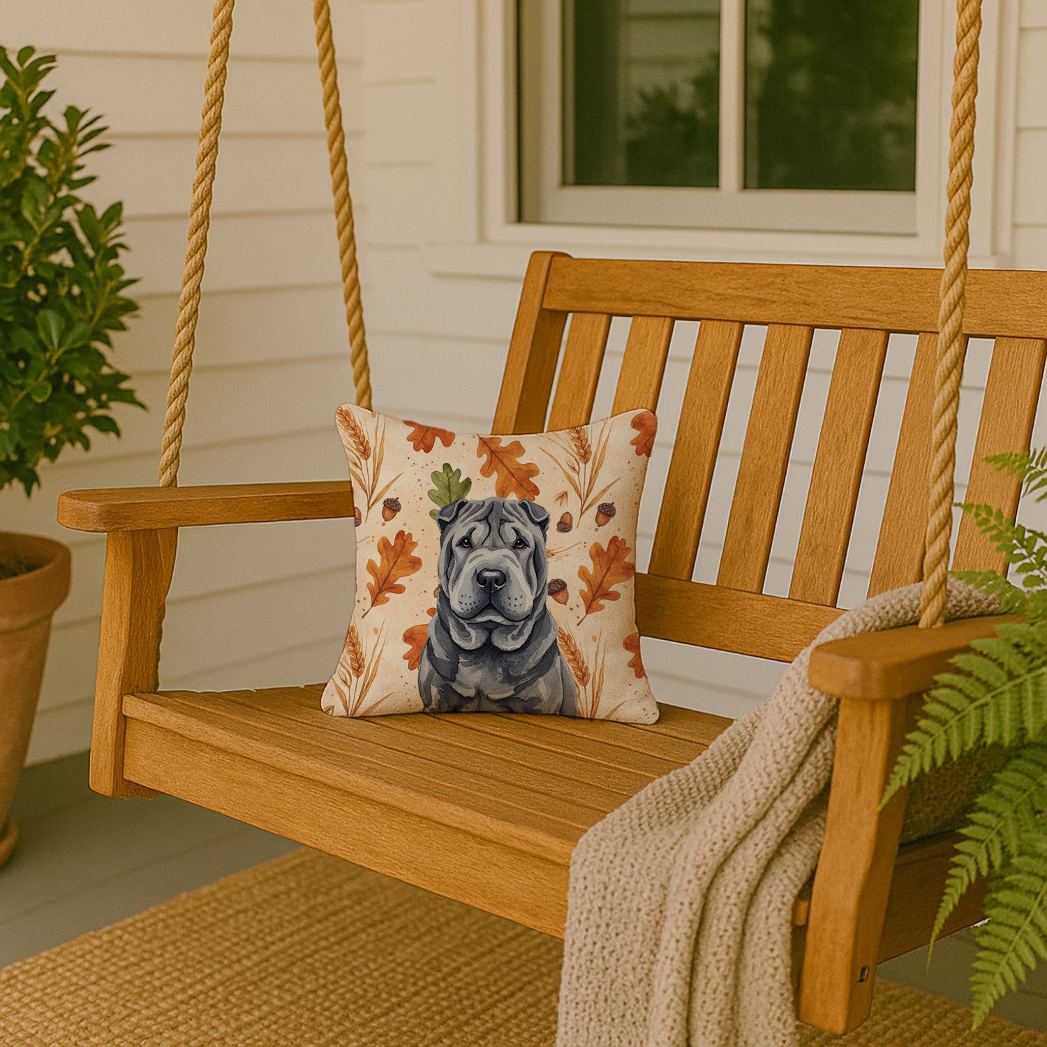 Black Shar Pei Heirloom Fall Decorative Throw Pillow 14x14 Indoor Outdoor Accent Cushion, Fabric Cover with Insert for Sofa, Bed, Porch & Living Room