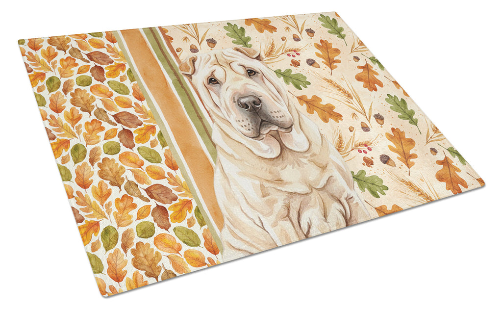 Shar Pei Heirloom Fall Cutting Board Tempered Glass Kitchen Cutting Surface, Heat Resistant Chopping, Non-Slip Feet, Food Prep & Serving