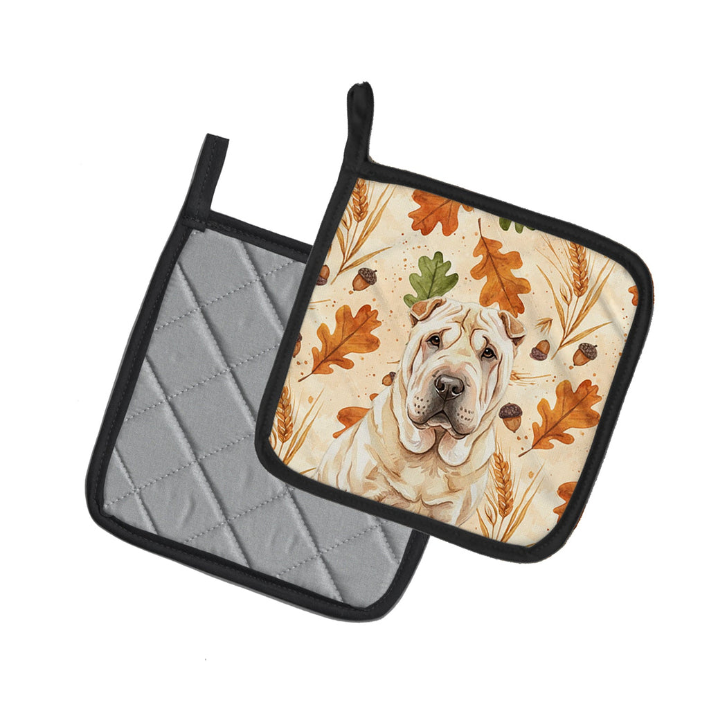 Shar Pei Heirloom Fall Pot Holder Set of 2 Heat Resistant Quilted Hot Pads 7.5 x 7.5 Inch, Insulated Kitchen Trivets for Cooking & Baking