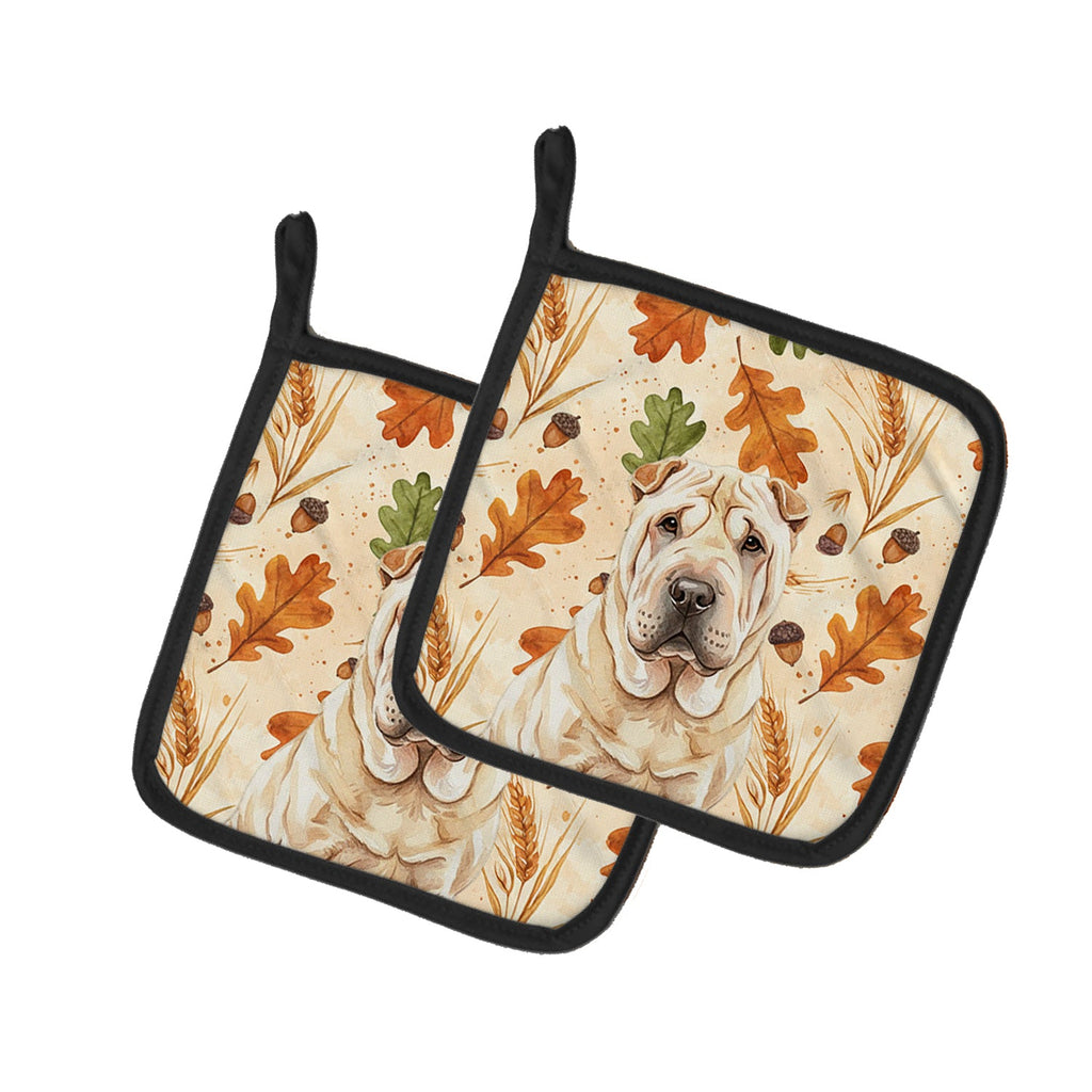 Shar Pei Heirloom Fall Pot Holder Set of 2 Heat Resistant Quilted Hot Pads 7.5 x 7.5 Inch, Insulated Kitchen Trivets for Cooking & Baking